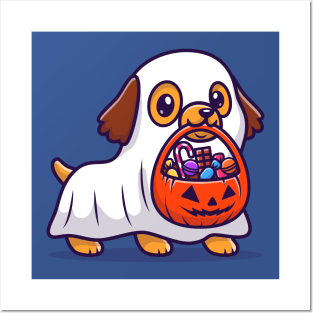 Cute Ghost Dog With Pumpkin Halloween Cartoon Posters and Art